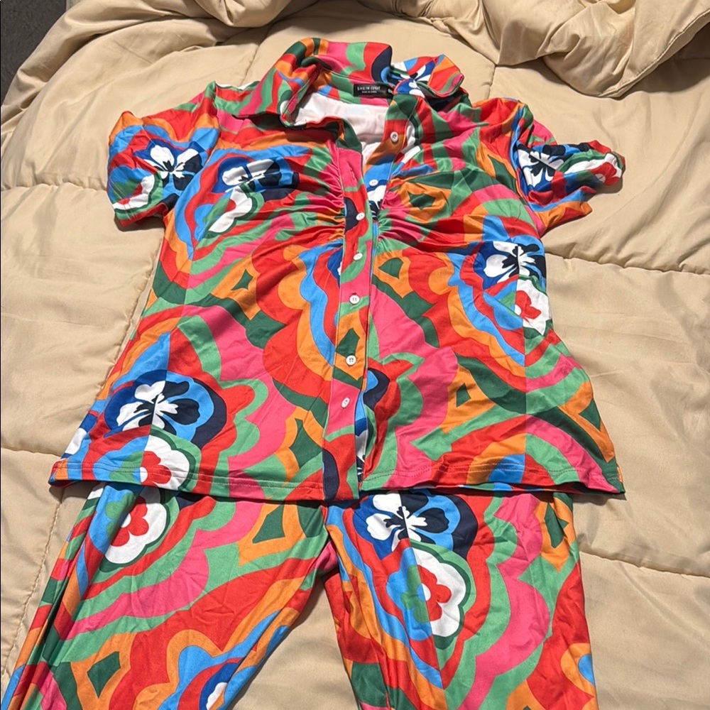 Colorful Floral Button-Up Shirt and Pants Set